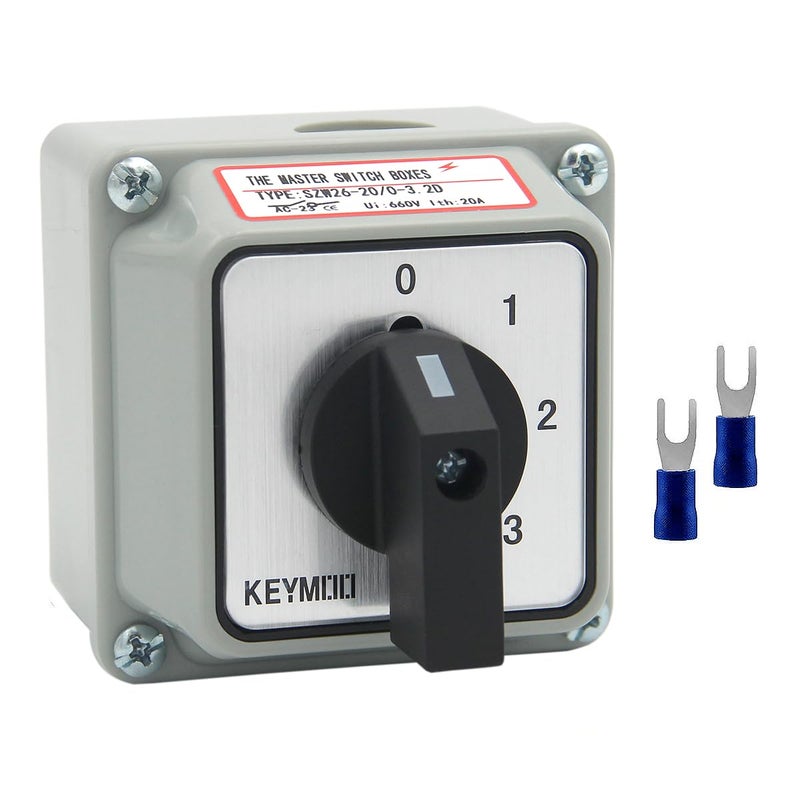 Keymoo 20A Rotary Changeover Switch with Box, 660V 4 Position 2 Poles 8 Terminals, Blue Universal Selector Switch with Fork Terminals, IP65 (4 Positions 2 Poles - Blue) - Image 1